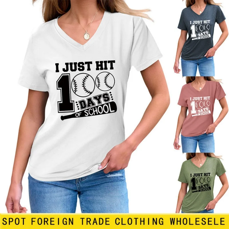 

Женская футболка с короткими рукавами и принтом, свободного кроя, подходит для лета, с V-образным вырезом, базовая модель.