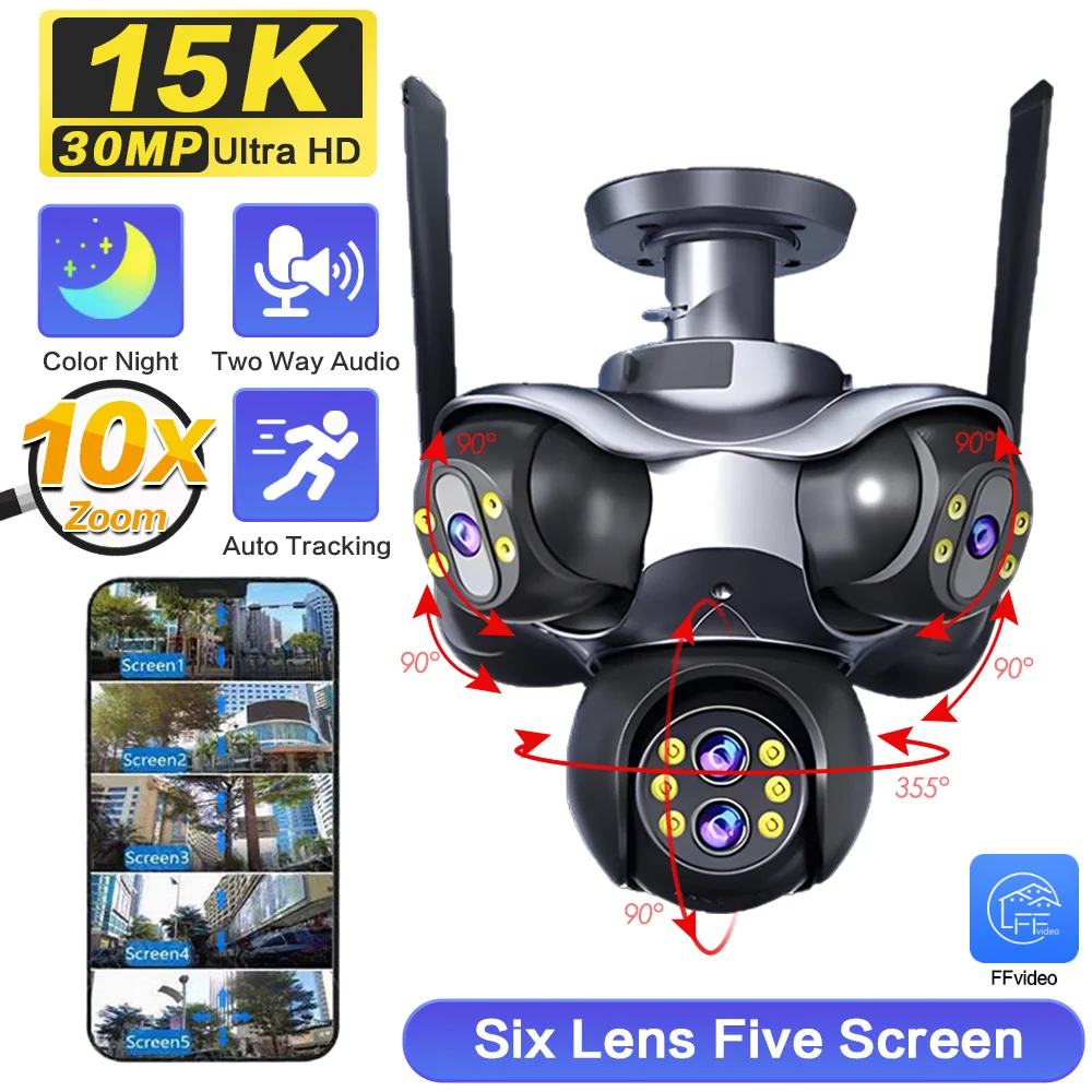 30MP 10X Zoom Wifi Panoramic Security Camera Outdoor 5 Lens 5 Screens Auto Tracking Wireless PTZ CCTV Video Surveillance Camera