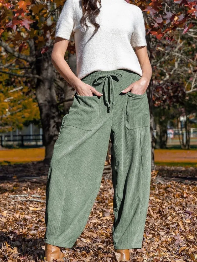 Autumn And Winter Corduroy Casual Slimming Harlan Pants Women's Commuting Mid-waist Wide-leg Solid Color Nine-point Short Pants