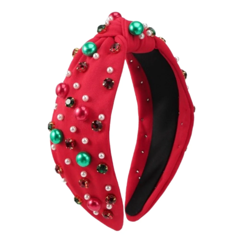 

Wide Edge Christmas Hairband Fashion Hair Jewelry Rhinestone Knot Headband Red Green Gift Crystal Beads Hair Band Halloween
