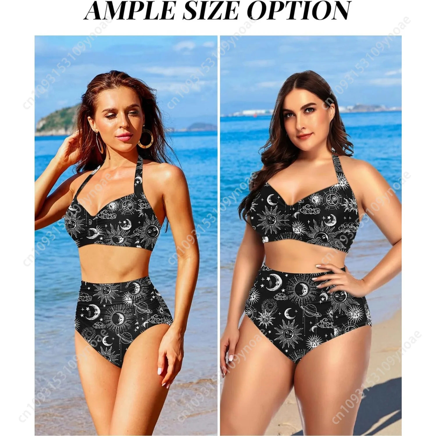 Retro Star Moon Print Bikini Sexy Women V Neck Halter Swimsuit Bra Backless High Waist Thong Hot Girls Two Piece Tummy Swimsuits
