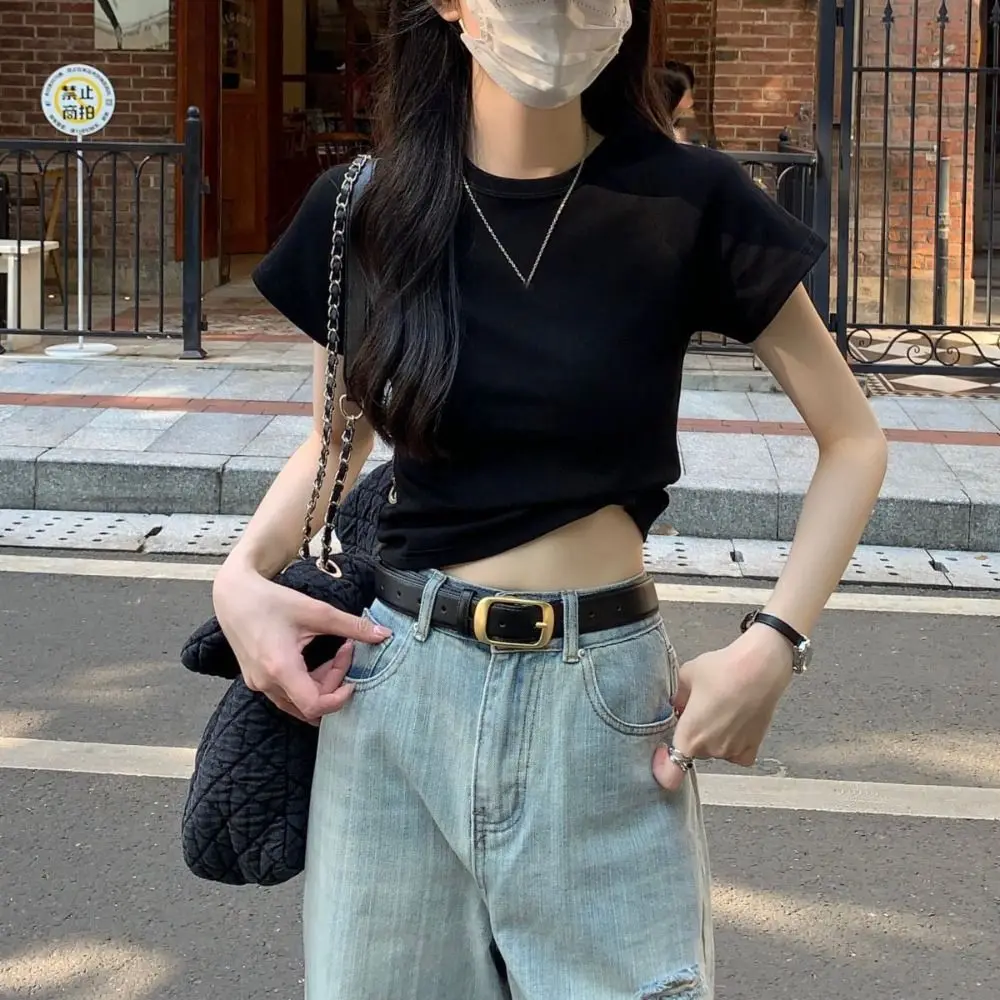 

Simple Solid Color Short Sleeve T-shirt Chic Slim Fit Y2K Crop Top Korean Style Sweet Tees Shirts Women Girls