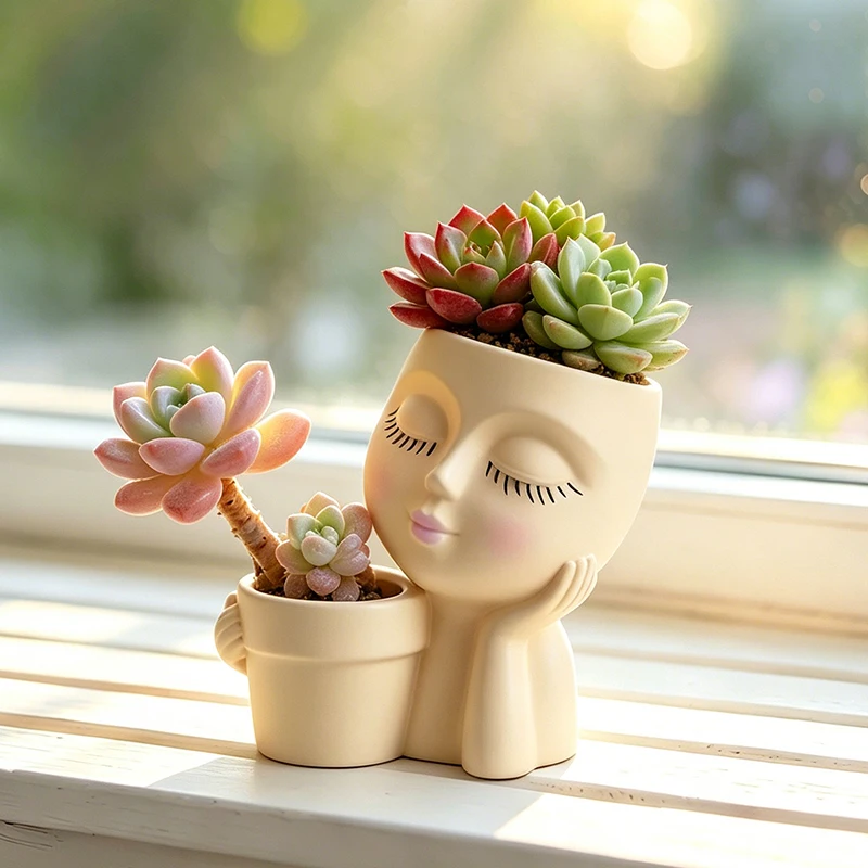 Maceta de Resina con Diseño de Chica con Ojos Cerrados, Contenedor Doble con Forma de Rostro de Dama para Cactus y Plantas Colgantes, Decoración para el Hogar y Escritorio