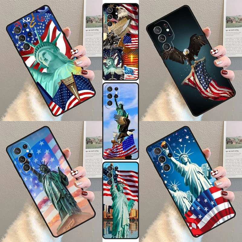 America Flag Statue of Liberty Phone Case For Samsung Galaxy S23 S21 S20 FE S24 S22 Ultra Note20 S10 S9 S8 Plus Silicone Cover