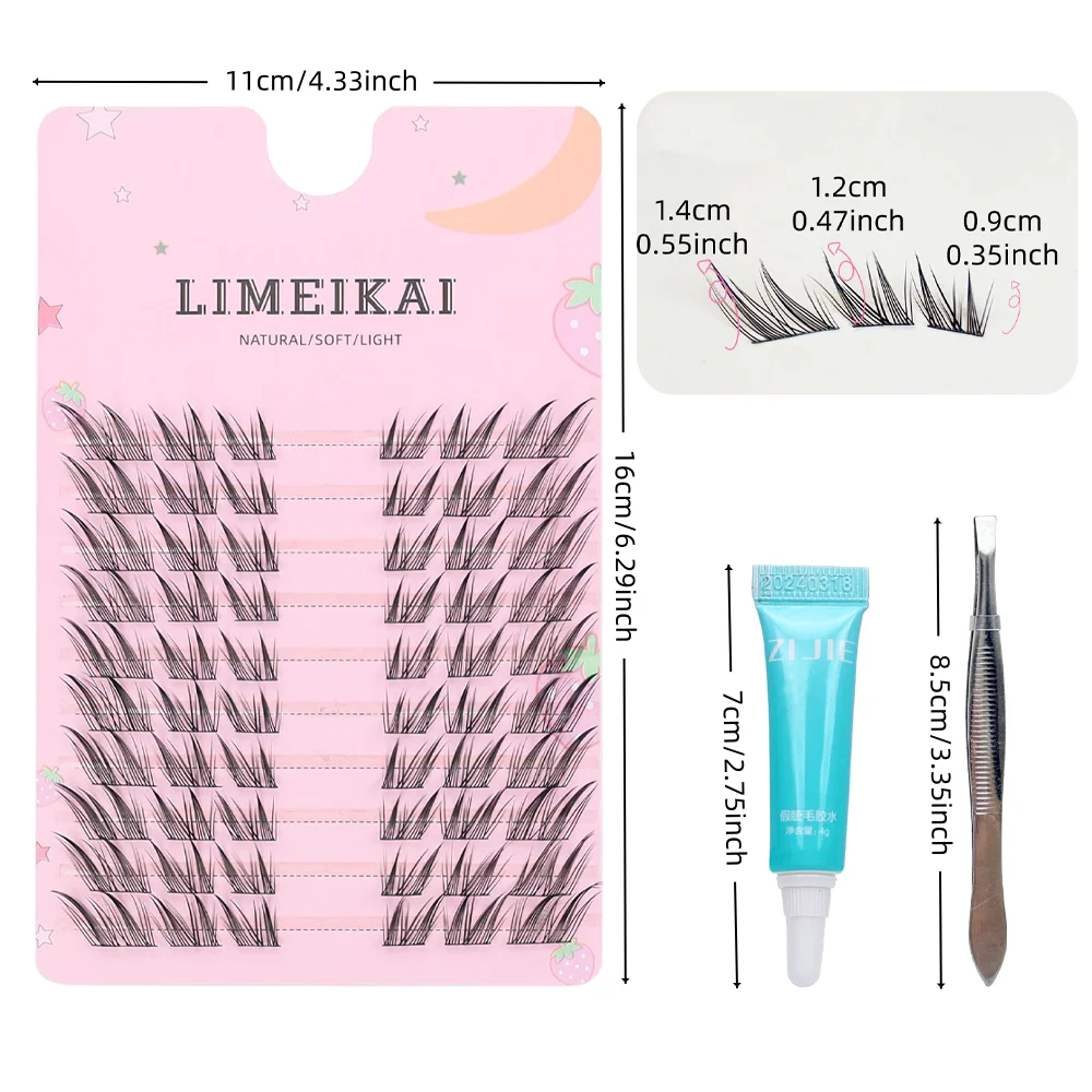 자연스러운 애니메이션 스타일 인조 속눈썹 연장 글루 세트+속눈썹 글루+특수 속눈썹 클립 -60개 클러스터, 9-14mm, C형 컬