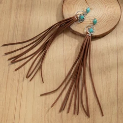 Bohemian style velvet fabric tassel hollow pattern long turquoise women's earrings