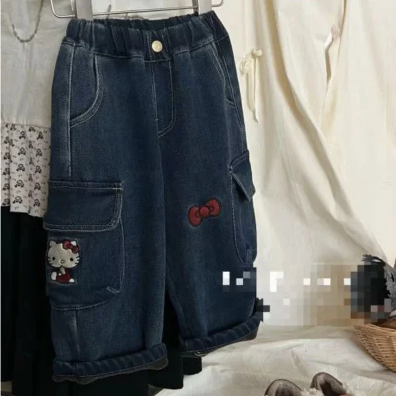 Sanrio Hello Kitty Velvet Denim Overalls Anime Cute Winter Girly Heart Children Embroidery Versatile Fashionable Wide Leg Pants