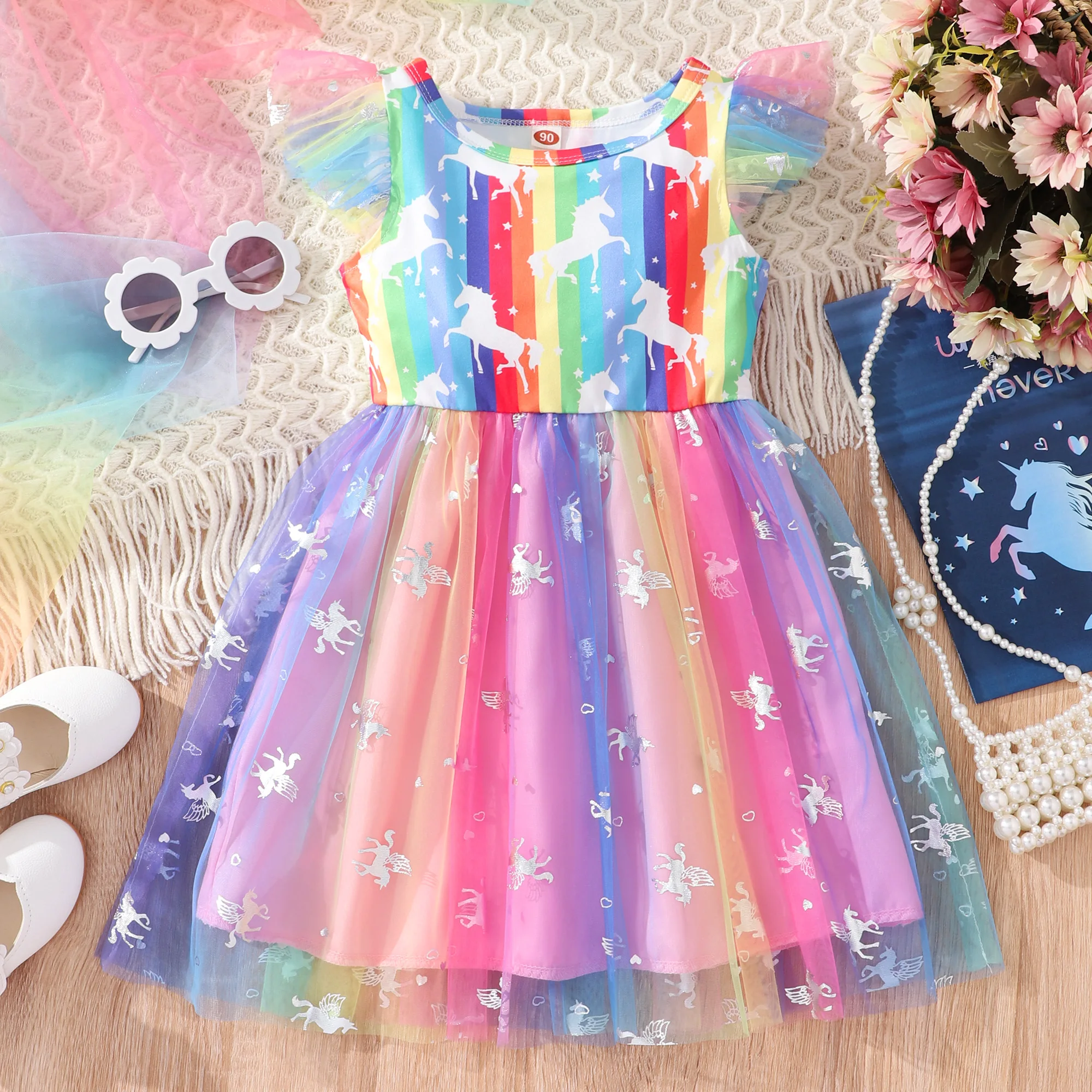 Kids Clothes Girls Dresses Summer Ruffle Flying Sleeve Cute Rainbow Printed Tutu Party Pretty Fashion Princess Dress for 1-7Y