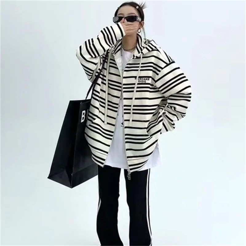 100% Pure Cotton Thickened Maillard Horizontal Stripe Hoodie Jacket Women's Casual Zebra Sports Coat Loose and Warm Top