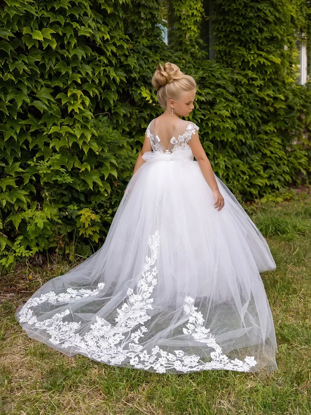 Apliques de encaje sin mangas elegante niñas largas comunión desfile vestido de fiesta personalizado vestido de niña de flores blancas para boda