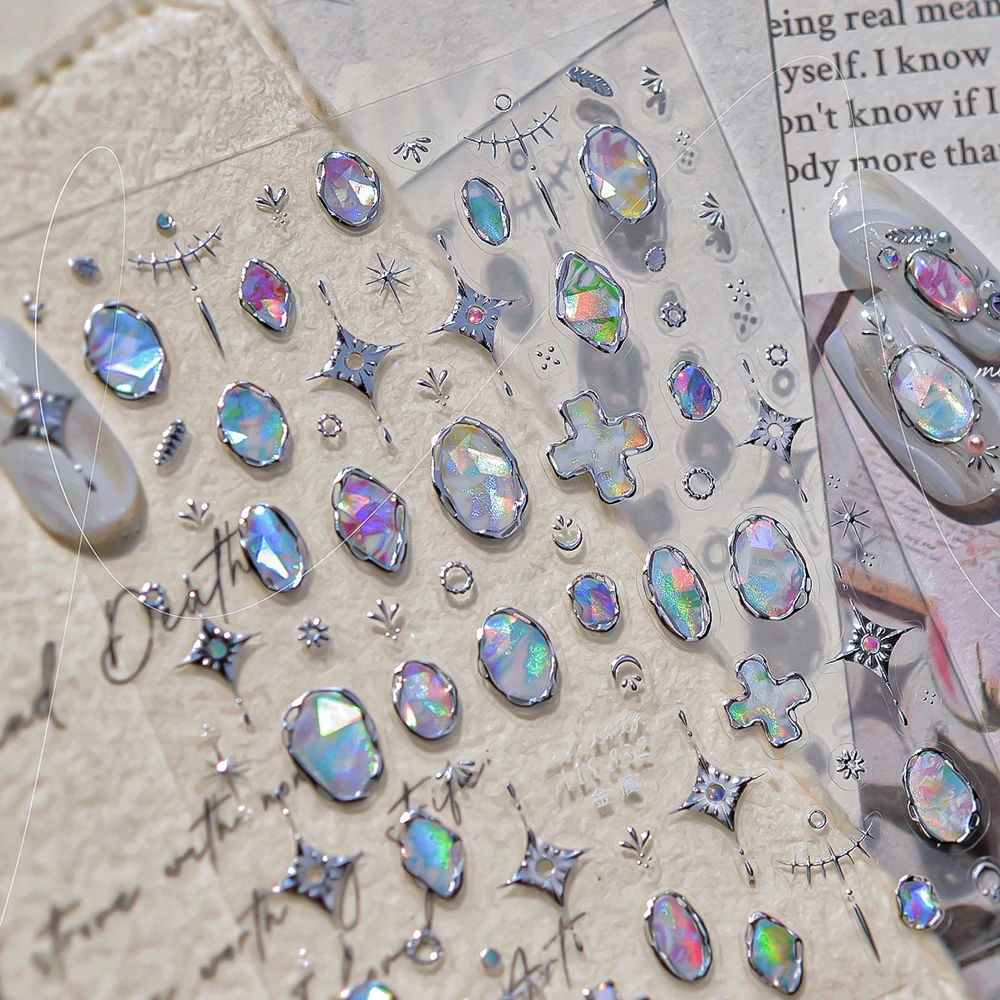 Elegant Silver Butterfly Frame Border Nail Art Stickers Hearts Stars Moon Feather Metal Self Adhesive Decoration Manicure Decal