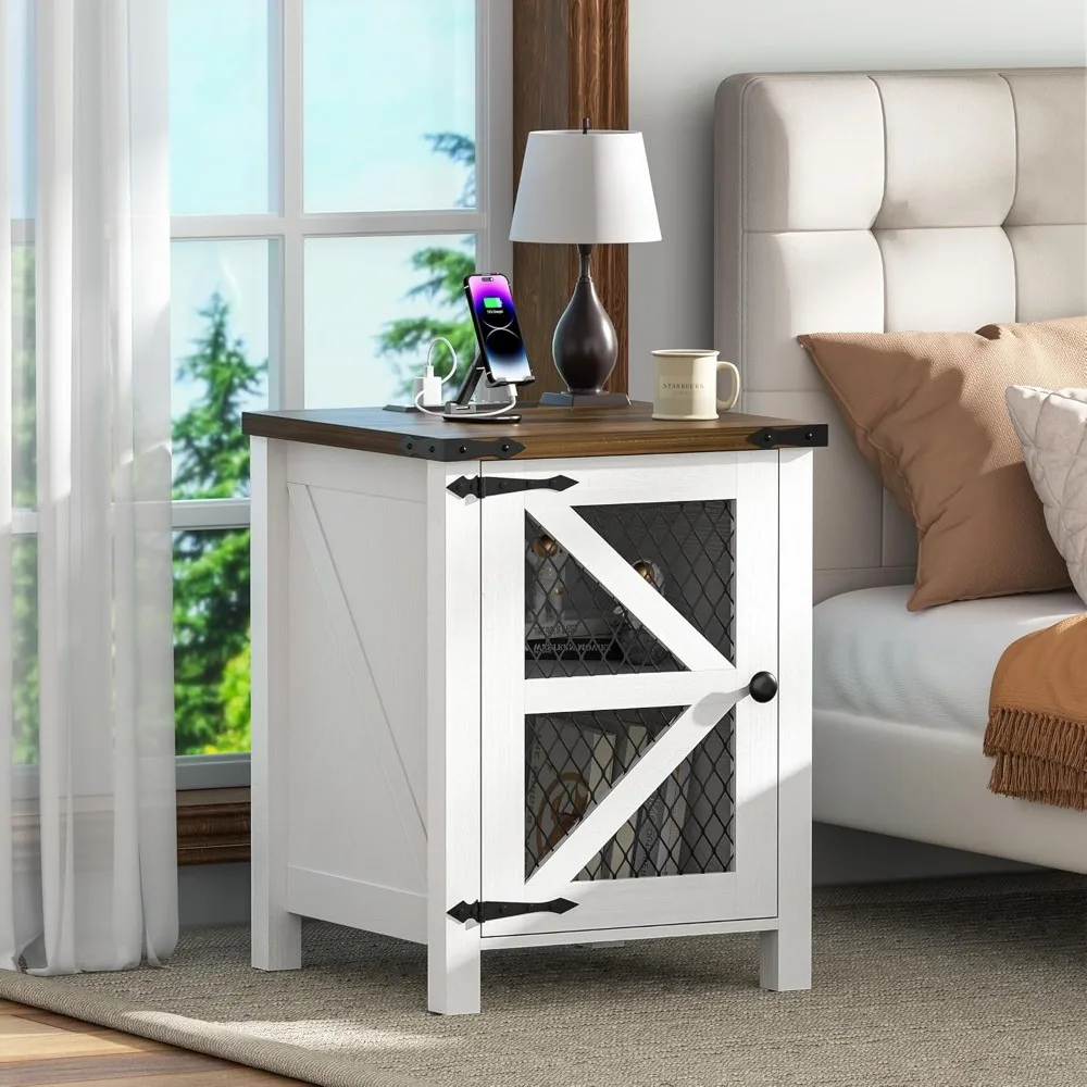 

Farmhouse End Table with Charging Station, 18" End Table with Wire Mesh Barn Door, Nightstand with Adjustable Storage Shelf