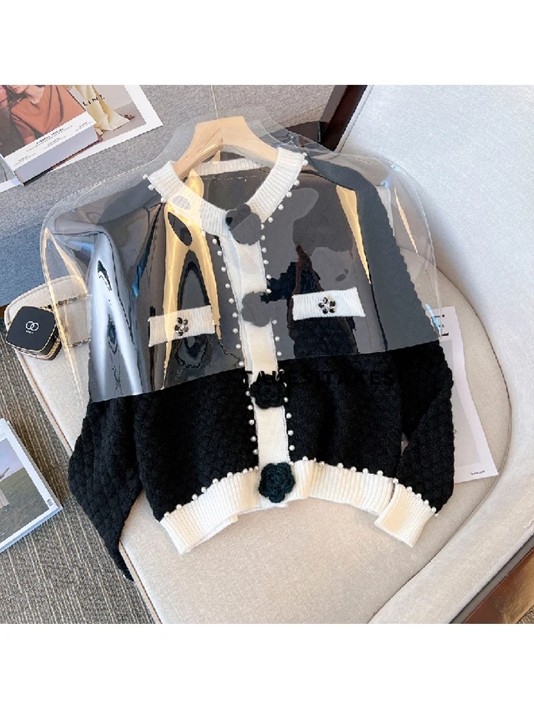 2022 High-end Loose Cropped Cardigan Sweater Rose Flower Beaded  Jacket Women Autumn and Winter  Short Knitted Coat Top Y2k