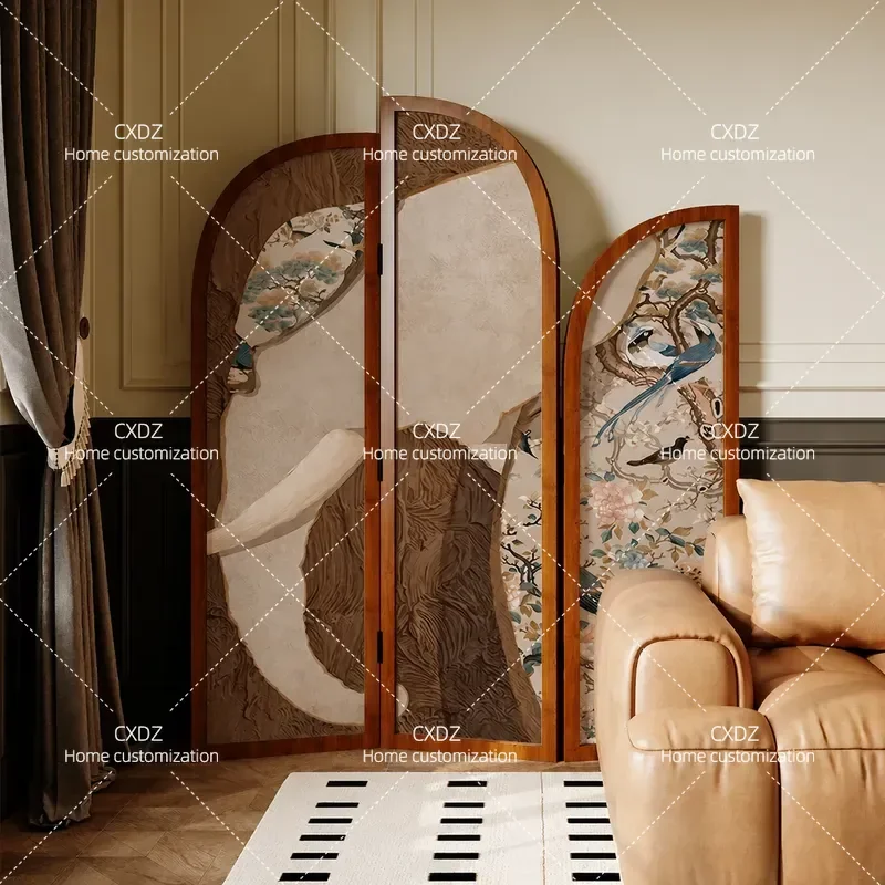 Foldable Mobile Room Divider Screen Living Room Entrance Partition Decoration Jixiang Flower and Bird Pattern Portable