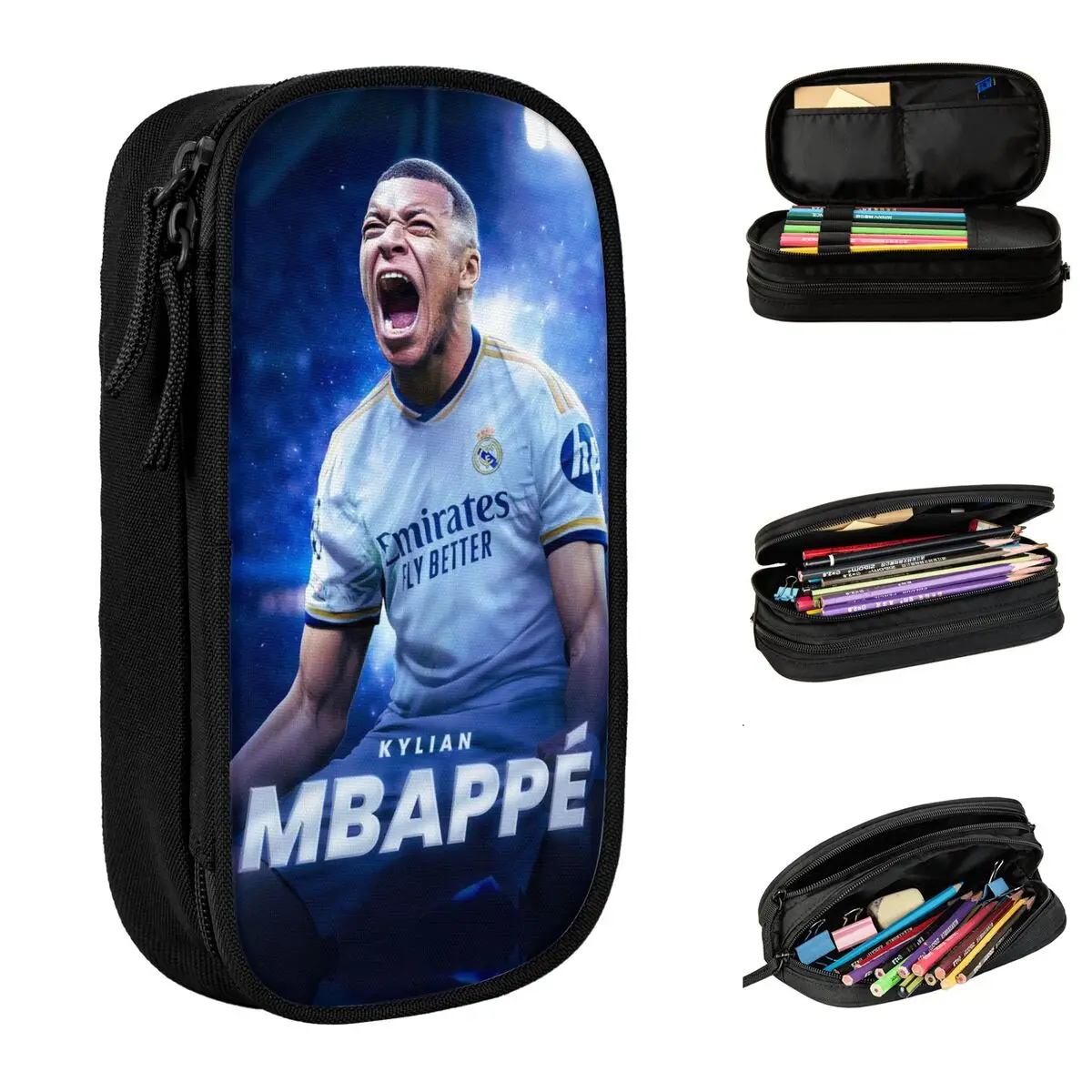 Kapasitas besar KM Mbappe pensil sepak bola kantong Merch Double Layer kipas sepak bola Pencilcase tas Makeup hadiah kejutan