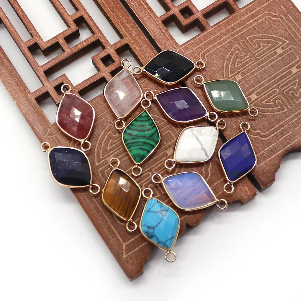 15x30mm Rhombic-cut Natural Stone with Electroplated Edge Pendant Double-hole Opal Necklace Connector Charm Jewelry Accessories