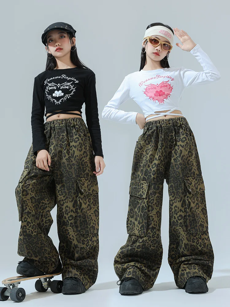 Kid Hip Hop Clothing Heart Lace up Crop Top Long Sleeve T Shirt Leopard Casual Wide Cargo Pants for Girl Dance Costume Clothes