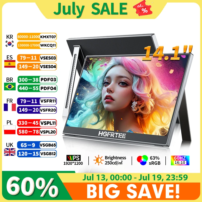 HGFRTEE 14.1" Portable Monitor 1200P Full HD Second Screen for Laptop with Stand And USB-C Connectivity For PS5 Xbox Switch