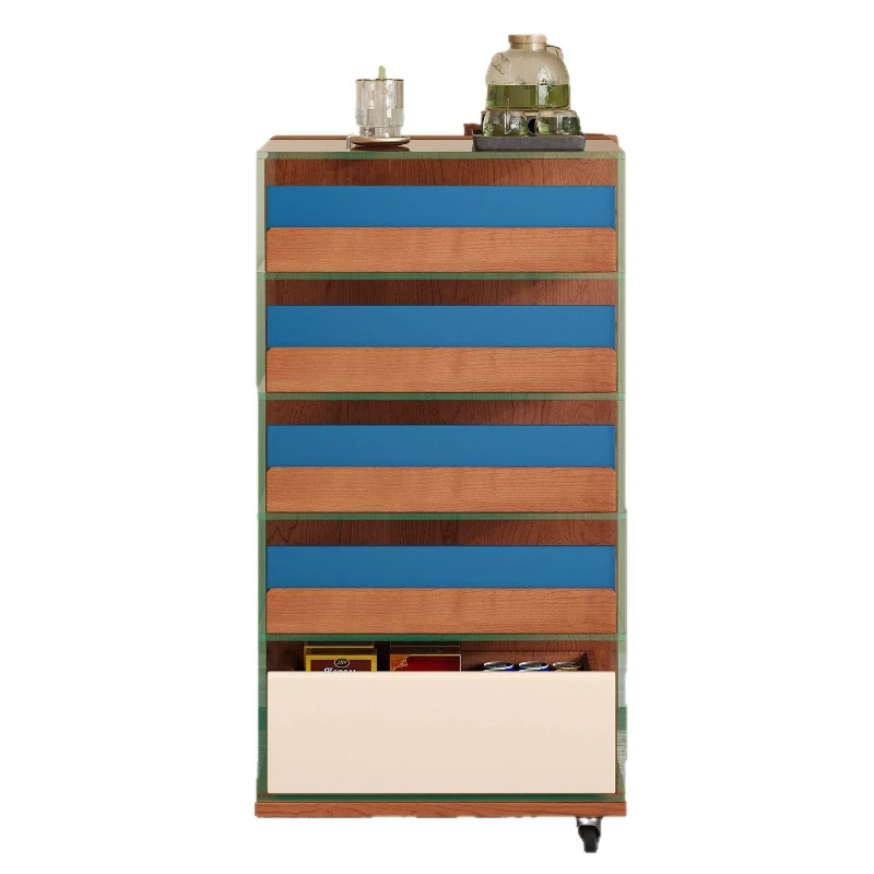 glass square side table, integrated multi-layer cabinet for storage and storage, movable tea table
