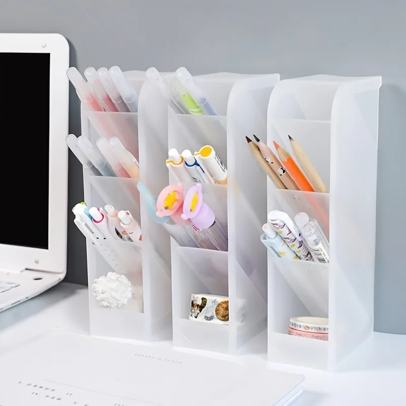 

4 grid pen holder desktop storage box plastic vertical pen storage box office and school supplies makeup brush storage box