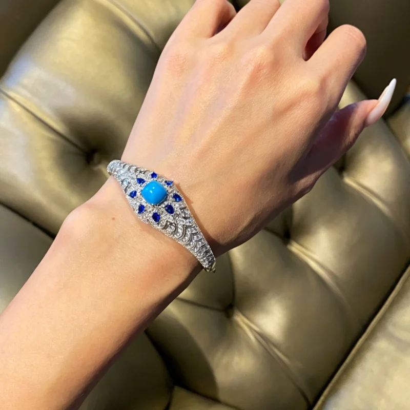Bellux 925 Silver White Gold Plated Bracelet Synthetic Zircon Blue Turquoise Artdeco Jewelry Exquisite Bangle