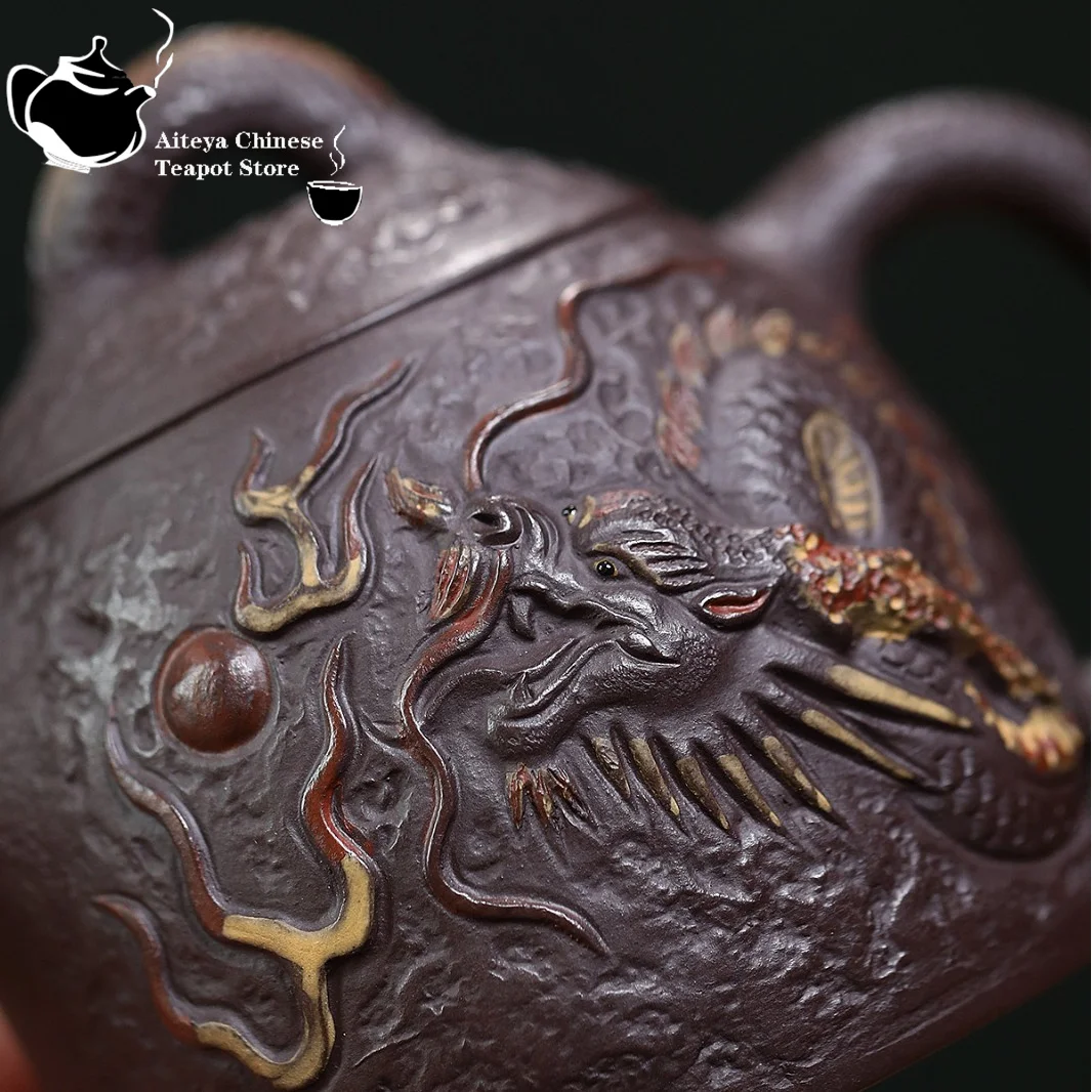 Théière en argile violette Yixing, minerai original, boue violette, dragon de bon augure jouant avec des perles, service à thé Qin Quan, théière chinoise