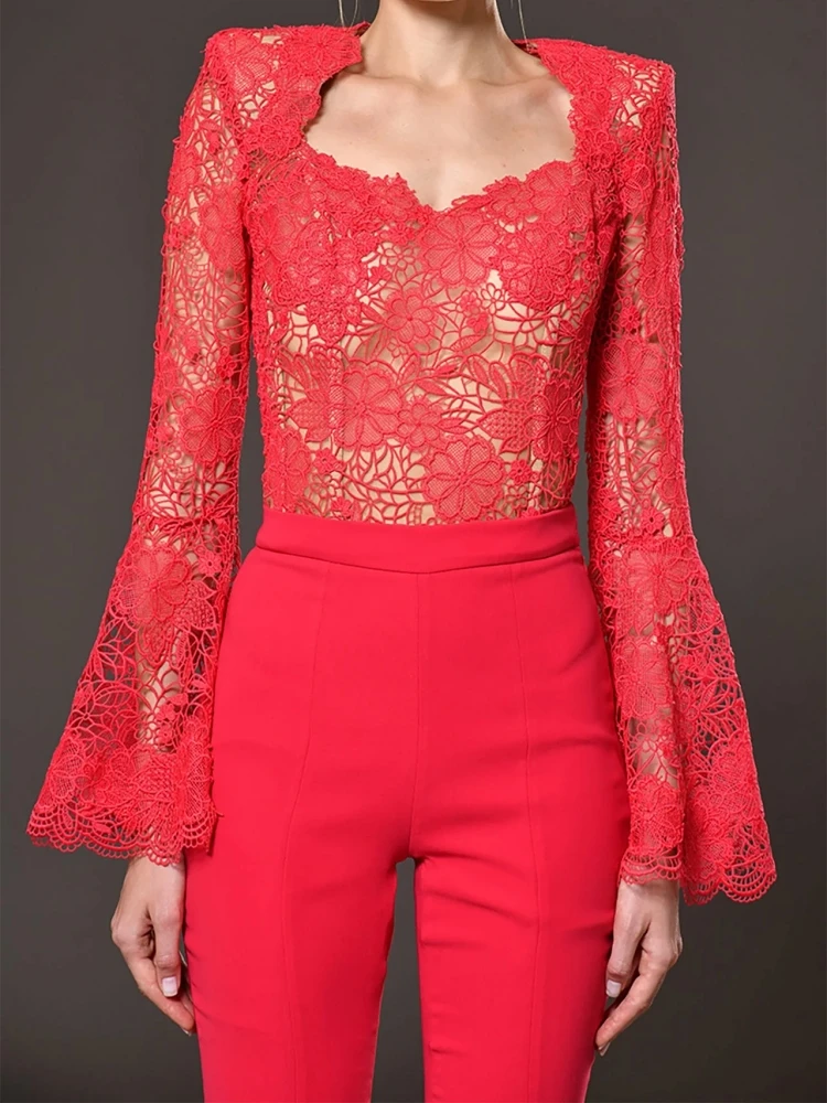 Sexy Red Lace Flared Pants Two Piece Set Women V Neck Long Sleeve Tops + Lace Patchwork Flared Suits Party Cocktail Club Sets