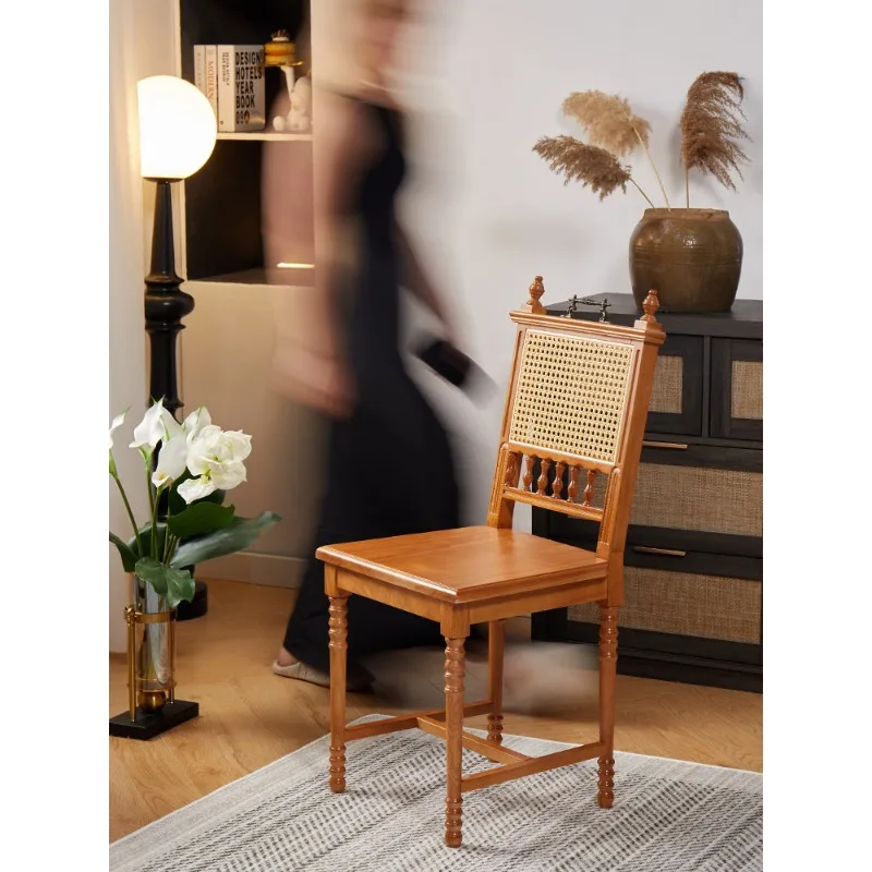 

French Style Wooden Dining Chair with Woven Rattan Retro Bedroo Vintage Handheld Accent Chair Living Room Furniture