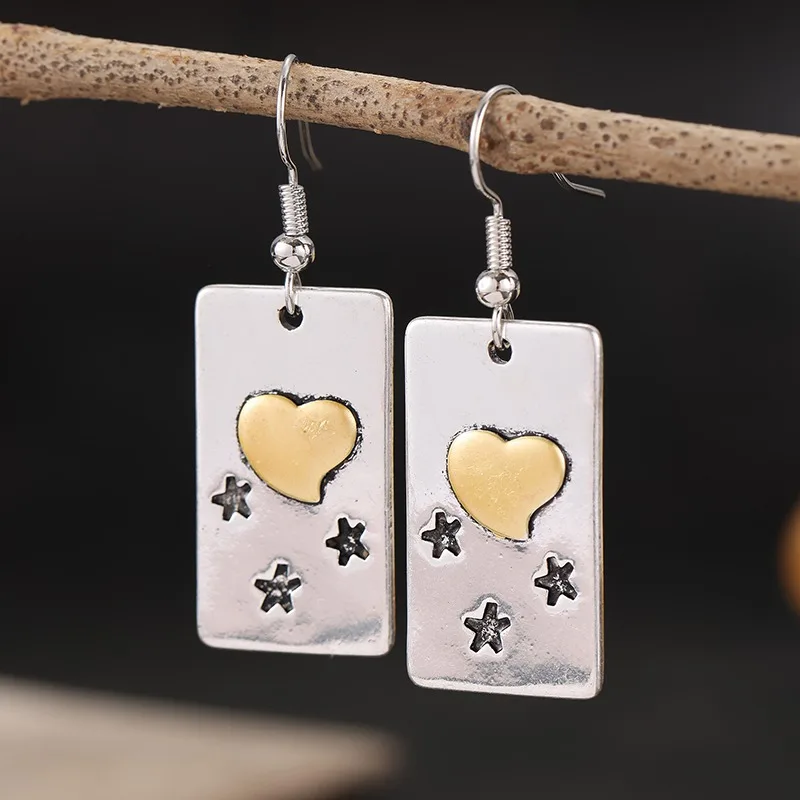 Women's Two Color Dangle Earrings Square Carving Love Star Design Minimally Exquisite Earrings Fashion Jewelry Couple Gifts