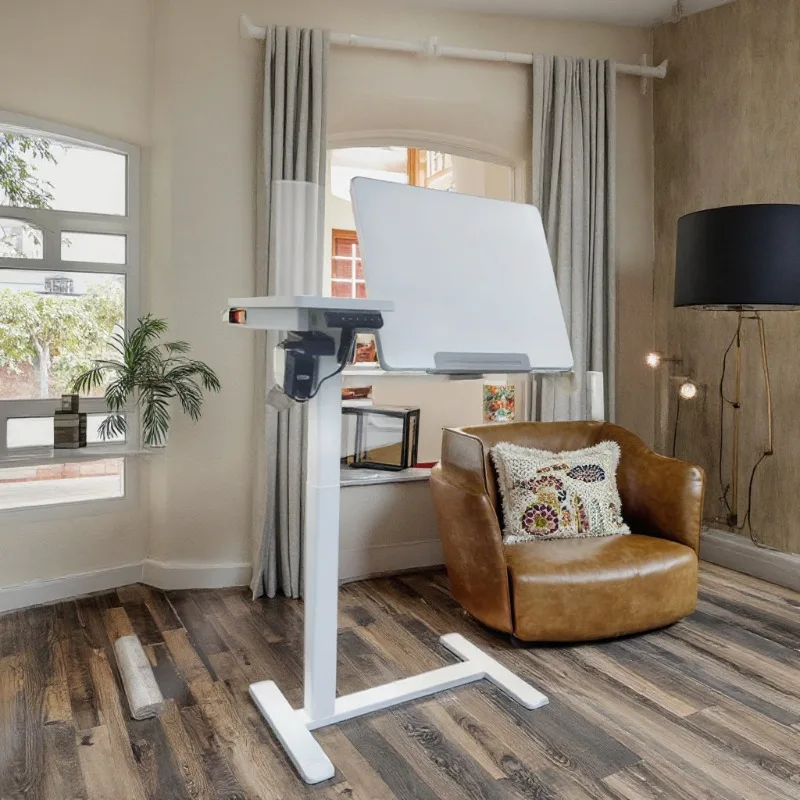 Electric Modern Iron Height Adjustable Overbed Hospital Bedside Table Computer Standing Desk 3 Memory Positions Anti-Collision