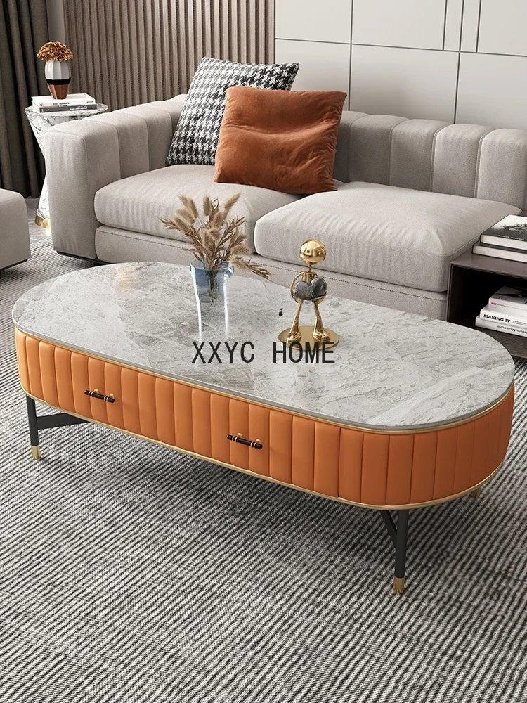 Bright Surface Stone Plate Coffee Table Nordic Modern Oval Light Luxury Stone Endtable Unique