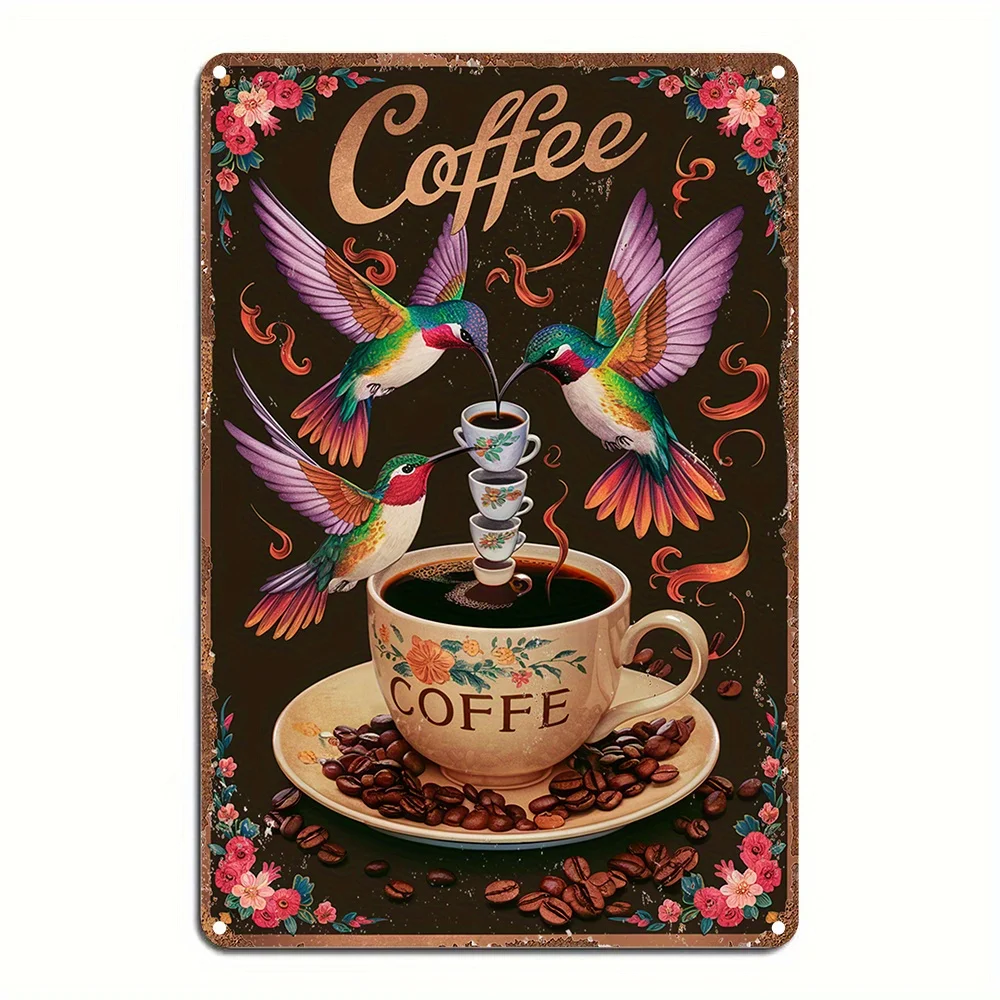 2D Flat Vintage Hummingbird Coffee Wall Art,Office Decor, Featuring Colorful Hummingbirds Sipping Coffee, Perfect for Room Decor