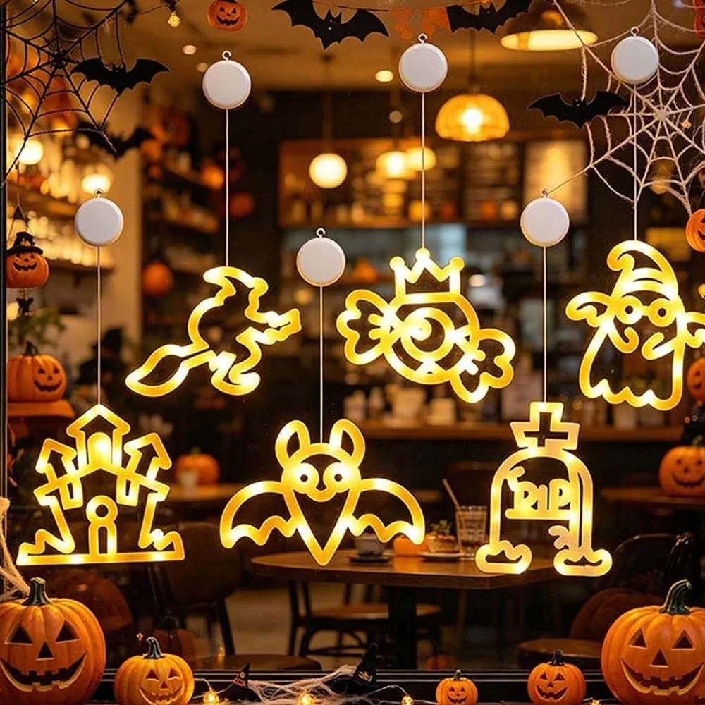 Battery-operated Halloween Suction Lights Plastic Transparent Window Silhouette Lamp Removable Cordless LED Glass Pendant