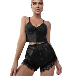 Women Lace Satin Silk Camisole Pajamas Set Two-Piece Lingerie Sleepwear Tops Shorts Pyjama Suit Underwear Homewear Nightwear New