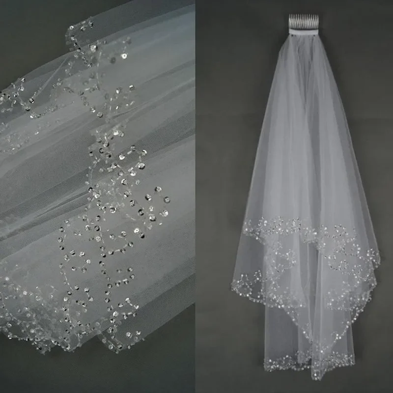 

White Ivory Woman Bridal Veils Wedding 2 Layers 75 CM Handmade Beaded Edge Comb Accessories