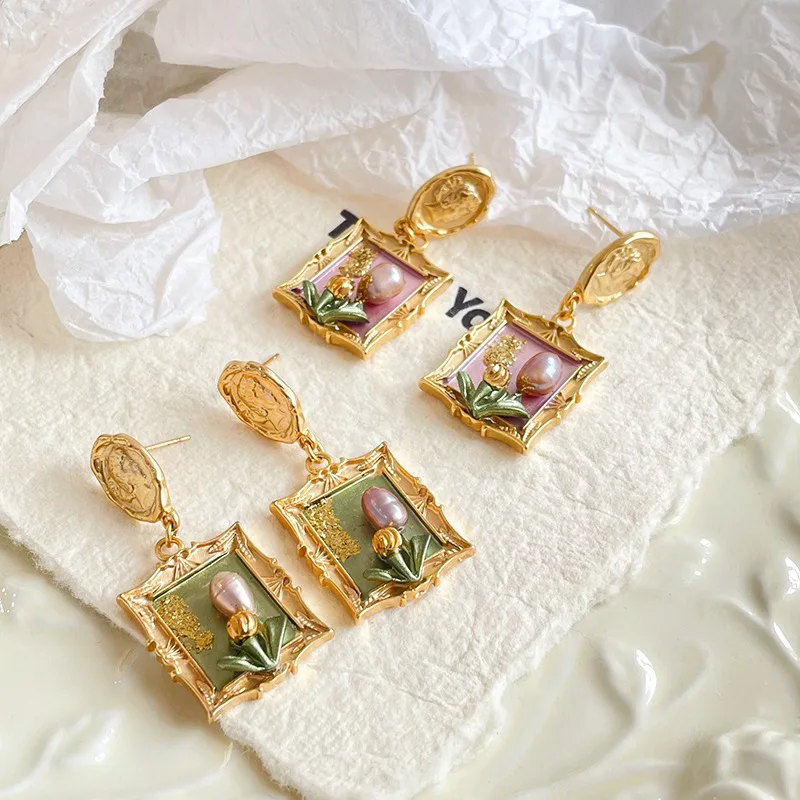 

French Style Vintage Women 18k Gold Plated Colored Enameled Fresh Water Pearls Dangle Earrings Set , Woman Ear Accessories Gift