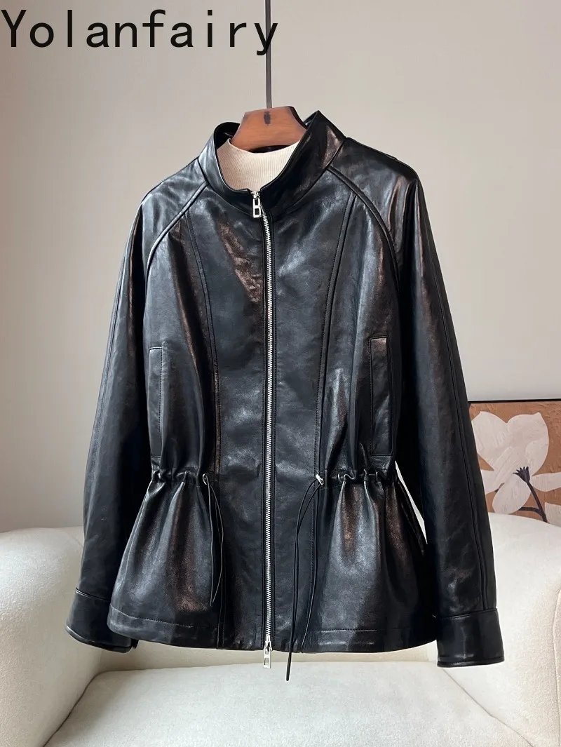 YOLANFAIRY High Quality Real Sheepskin Trench Coat Woman 2026 Elegant 100% Genuine Leather Jacket Women Waisted Outerwears Trend