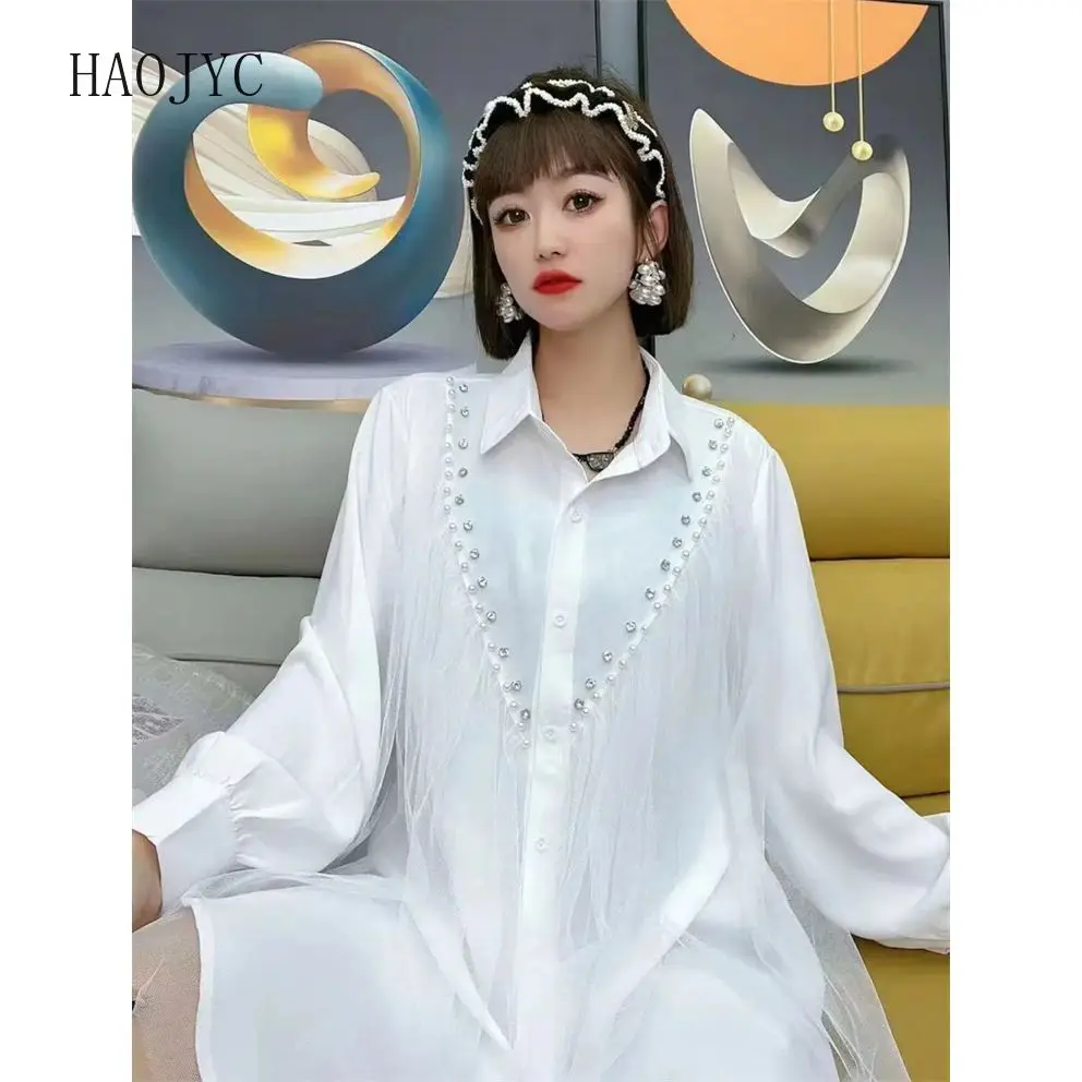 Modna koszula z nieregularnymi siateczkowymi przeszyciami, bogato zdobiona koralikami, wiosenna, w dużych rozmiarach, luksusowa, luźna, uniwersalna bluzka.