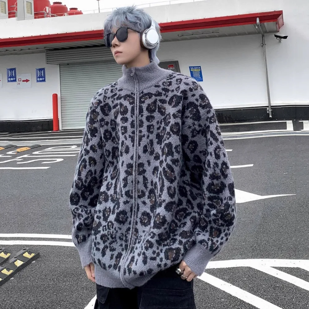 American Retro Leopard Print Knitted Zipper Cardigan Jackets for Men Autumn Winter Fashion Streetwear Men's Jacket Coats Y2k
