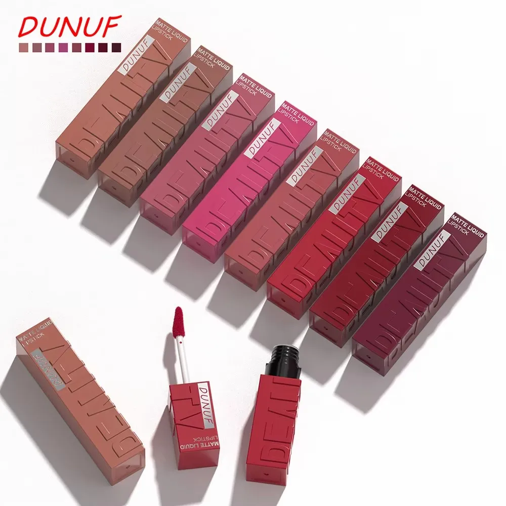 DUNUF 8-Color Lip Matte Smooth Easy-to-Apply Velvet Square Gloss Tube Waterproof Three-Dimensional Sexy Plumping Lipstick Makeup