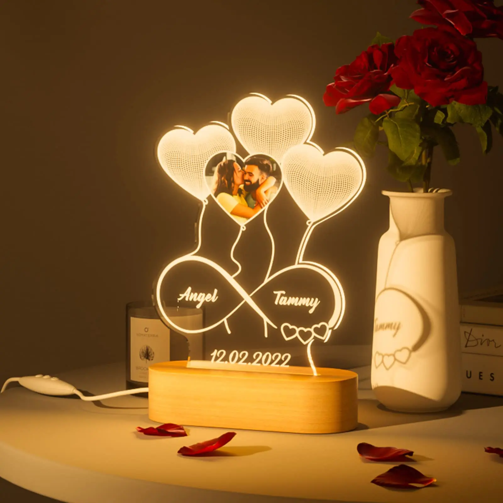 3D Photo Lamp Custom Photo And Text Engrave Wooden Base Customized Valentine's Day Wedding Anniversary Birthday 3D Lamp Gifts