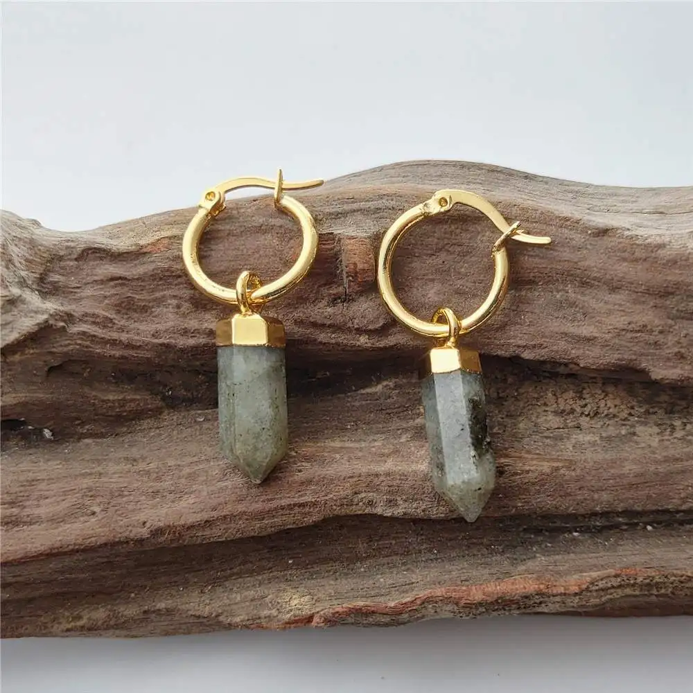 FUWO Wholesale Natural Labradorite Point Earrings,Golden Plated Handmade Bullet Shape Quartz Jewelry For Women 5Pairs/Lot ER122