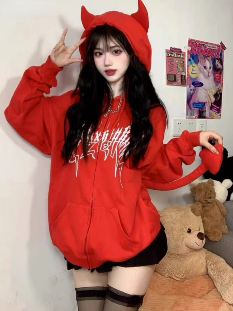 Japanese Zip Up Devil Horns Hoodies Women Harajuku Punk Gothic Sweatshirt Fairy Grunge Jacket Coat Streetwear Alt Emo Clothes