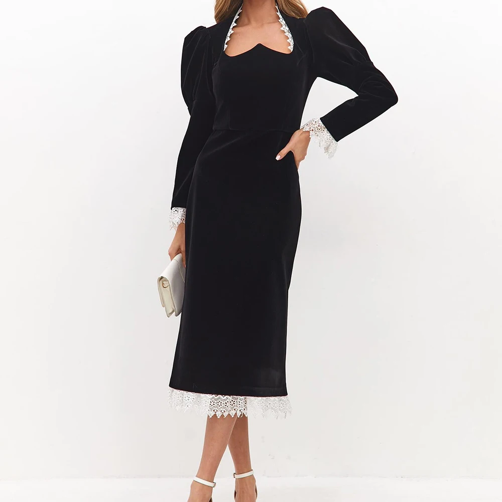 

Customized Straight Evening Dresses Tea-length V-neck Full Sleeve Prom Gown Simple Fsahion Lace Casual Party Gown