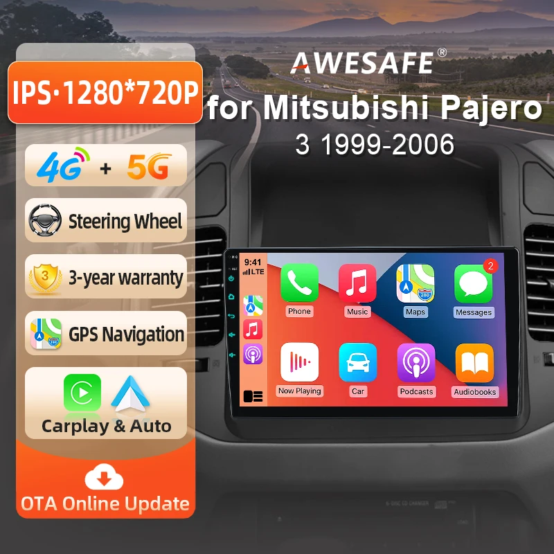 Autoradio Android AWESAFE 9 pouces pour Mitsubishi Pajero 3 V60/V68/V73 1999-2006, CarPlay sans fil et Android Auto, navigation GPS, support multimédia, commande au volant, amplificateur de subwoofer, caméra arrière avec CAN-BUS, prise EU, Plug and Play, DAB+, autoradio numérique 2 DIN RDS