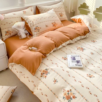 Korean Retro floral bedding set 100% washed cotton bed sheet set soft duvet cover bed sheet pillowcase single double queen king size