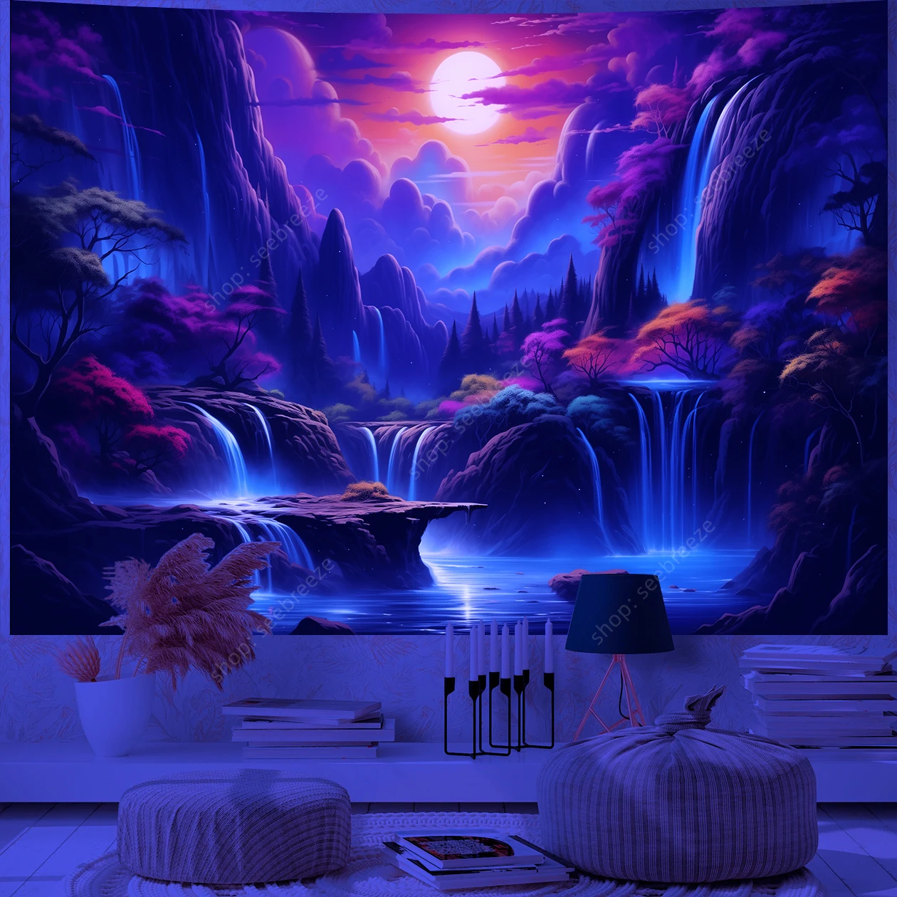 Galaxy Space Landscape UV Reactive Tapestry Trippy Planet Mountain River Neon Art Wall Tapestries for Bedroom Dorm Party Decor