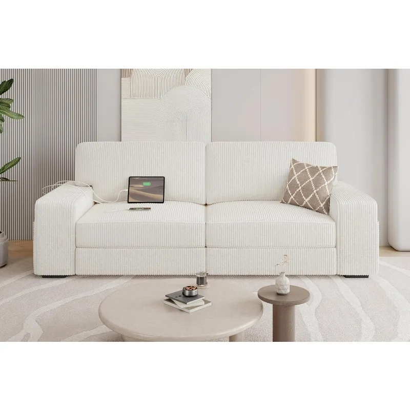 

83.5" W Modern Sofa Couch 2 Seater Corduroy Fabric Sofa with USB Charging Ports & Side Storage Pockets for Living Room