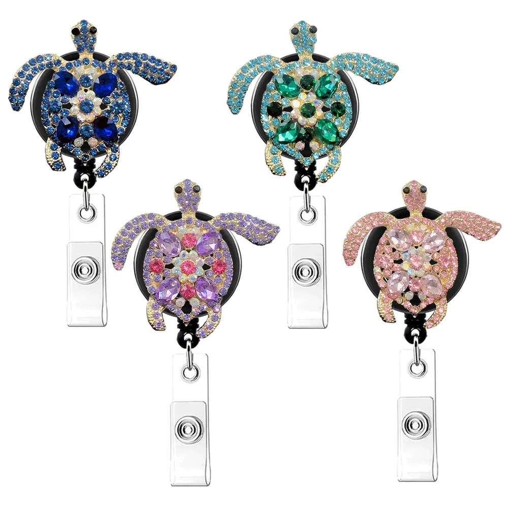 Shiny Badge Clip Retractable Metal Alligator Clip Badge Reel Rhinestone Turtle Badge Reel Rhinestone-Embellished Decorative