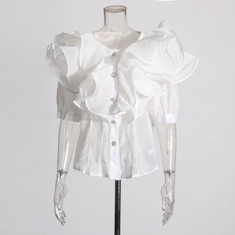 HKSH Women Shirt Mesh Ruffled Short Sleeves Single Breasted Solid Color Elegant Urban Higfh-end Blouse Casual Top Summer HK21903